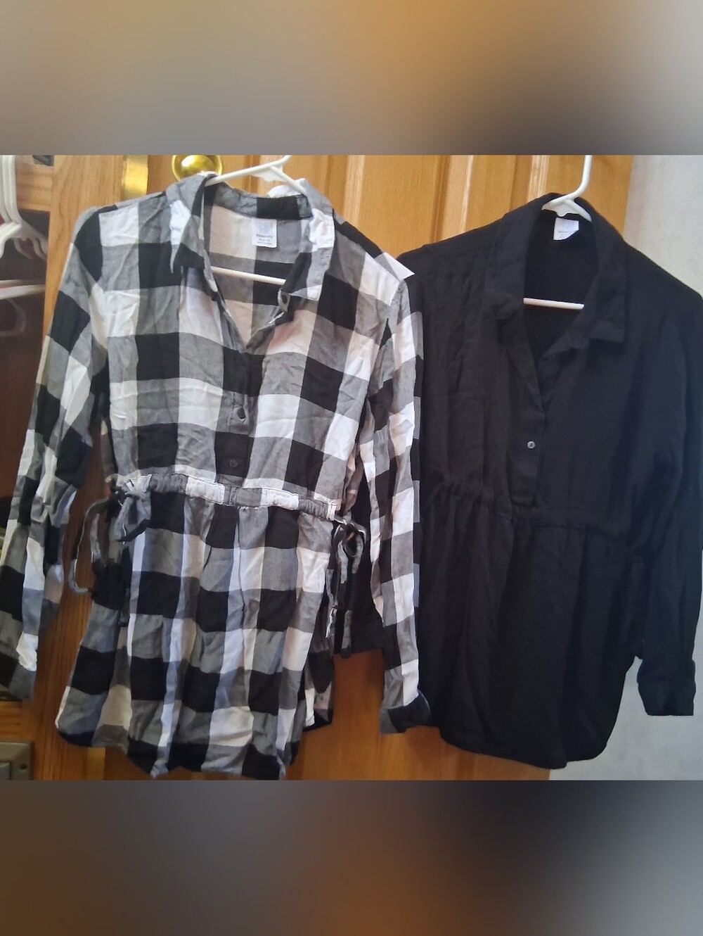 TWO Medium Maternity Tops Black/White Plaid & Plain Blk Tie Waist